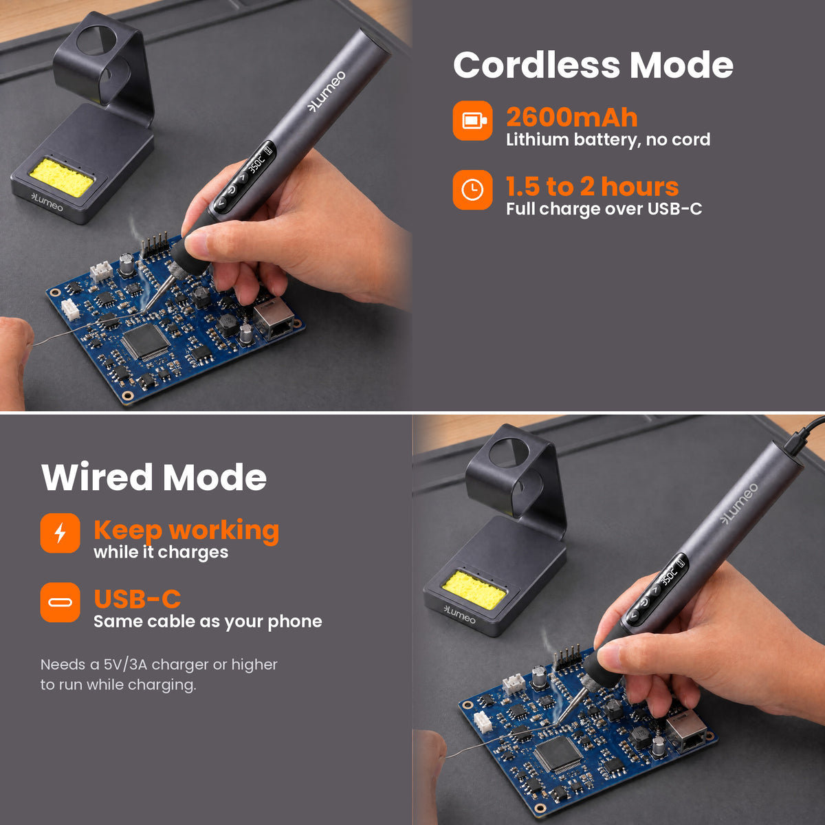 Lumeo QuickFix cordless soldering iron in cordless mode and wired mode with USB-C
