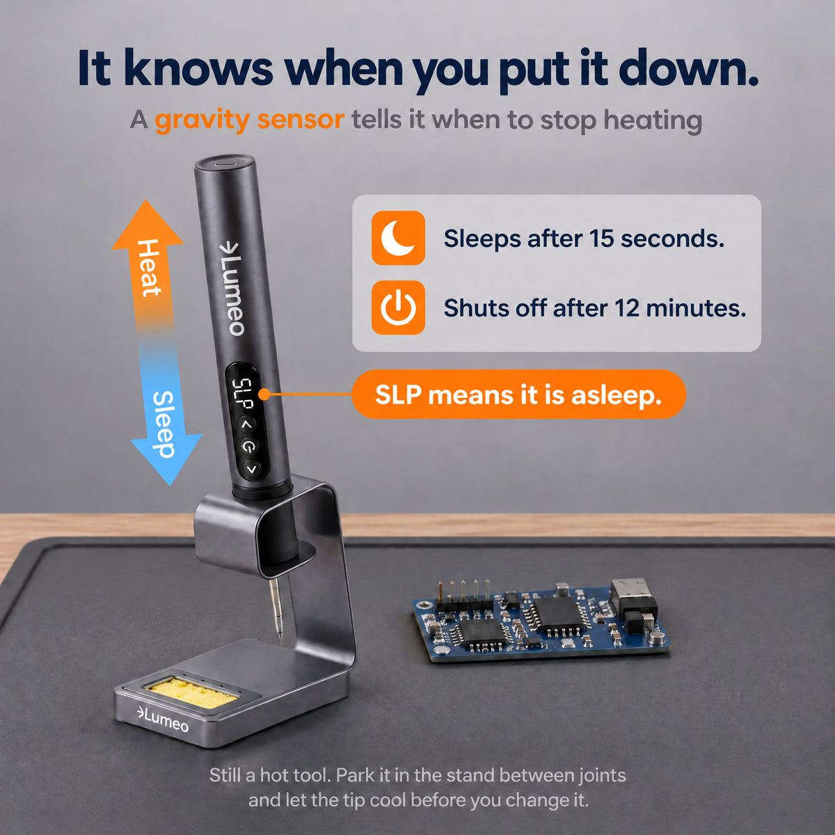 Lumeo QuickFix cordless soldering iron gravity sensor sleeps after 15 seconds and shuts off after 12 minutes