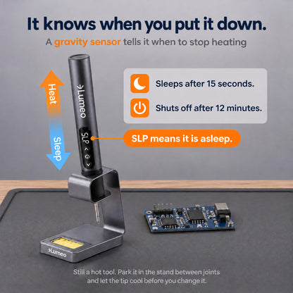 Lumeo QuickFix cordless soldering iron gravity sensor sleeps after 15 seconds and shuts off after 12 minutes