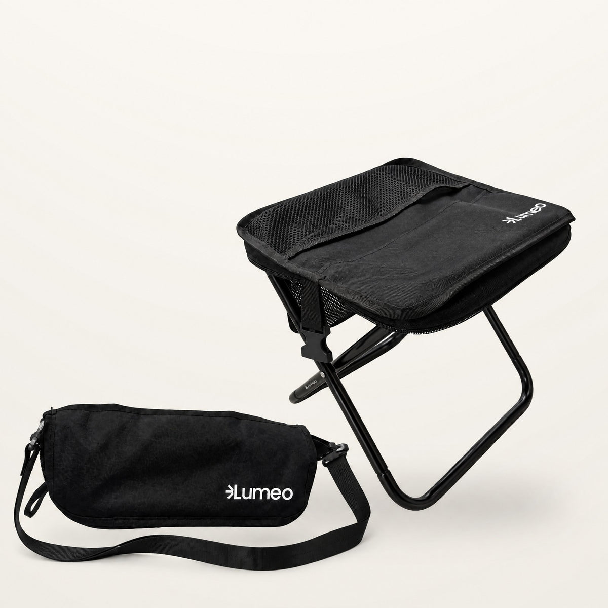 Lumeo Sling Stool open beside the folded bag with its shoulder strap